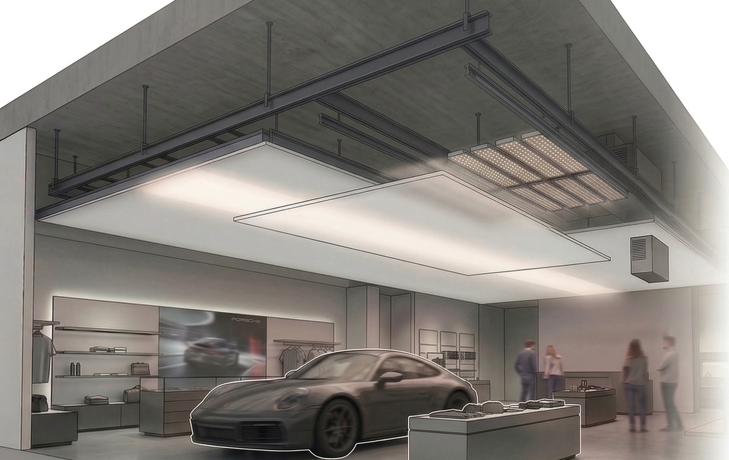 Porsche Deckengestaltung – Grafische Deckeninstallation